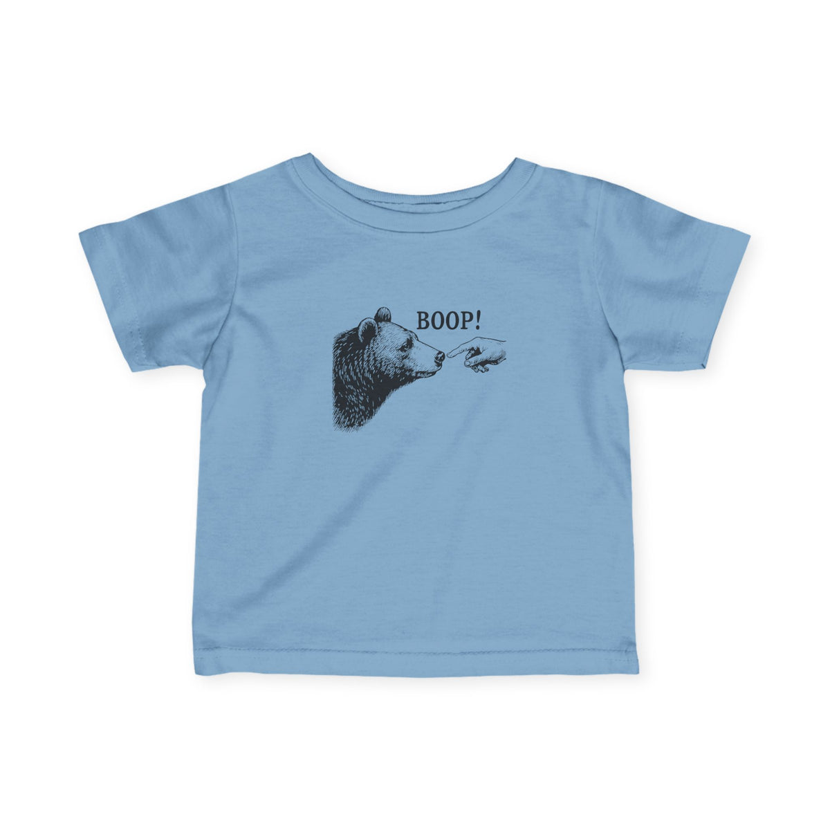 Light blue Bear Boop baby t-shirt with vintage engraved bear and pointing finger