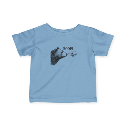 Light blue Bear Boop baby t-shirt with vintage engraved bear and pointing finger