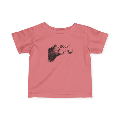 Mauvelous pink Bear Boop baby t-shirt with vintage engraved bear and pointing finger