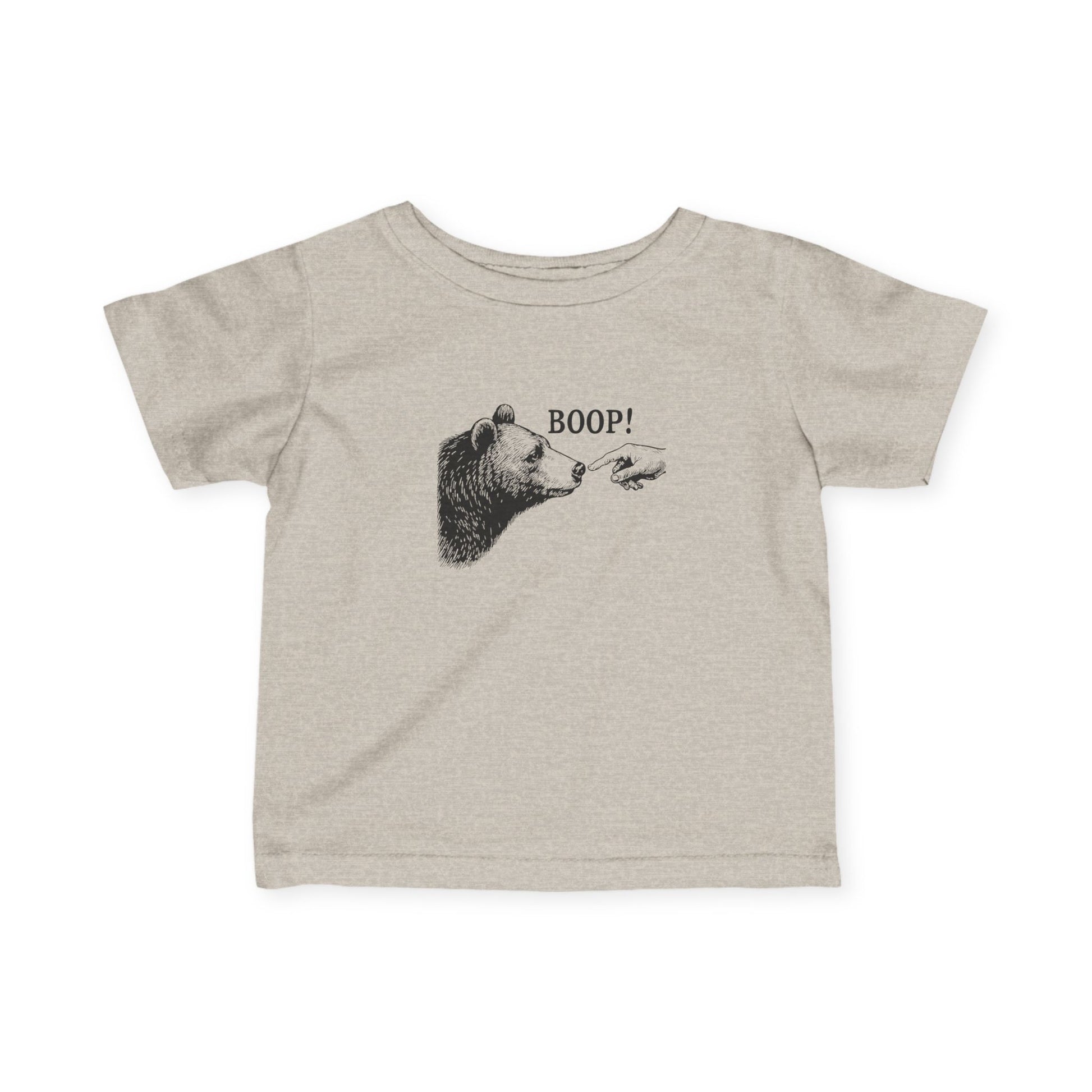 Natural heather Bear Boop baby t-shirt with vintage engraved bear and pointing finger