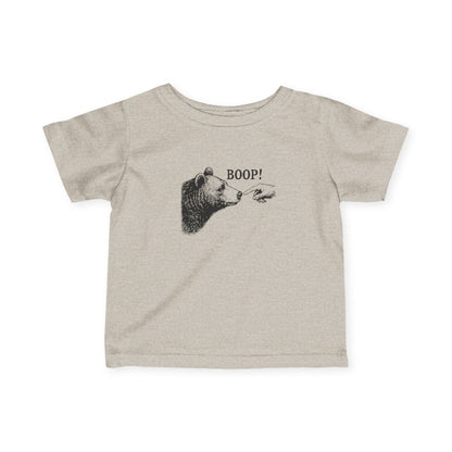 Natural heather Bear Boop baby t-shirt with vintage engraved bear and pointing finger