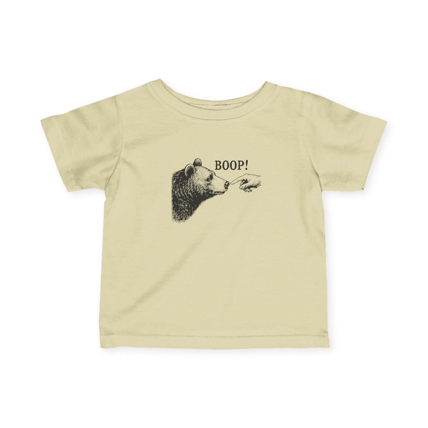 Natural Bear Boop baby t-shirt with vintage engraved bear and pointing finger