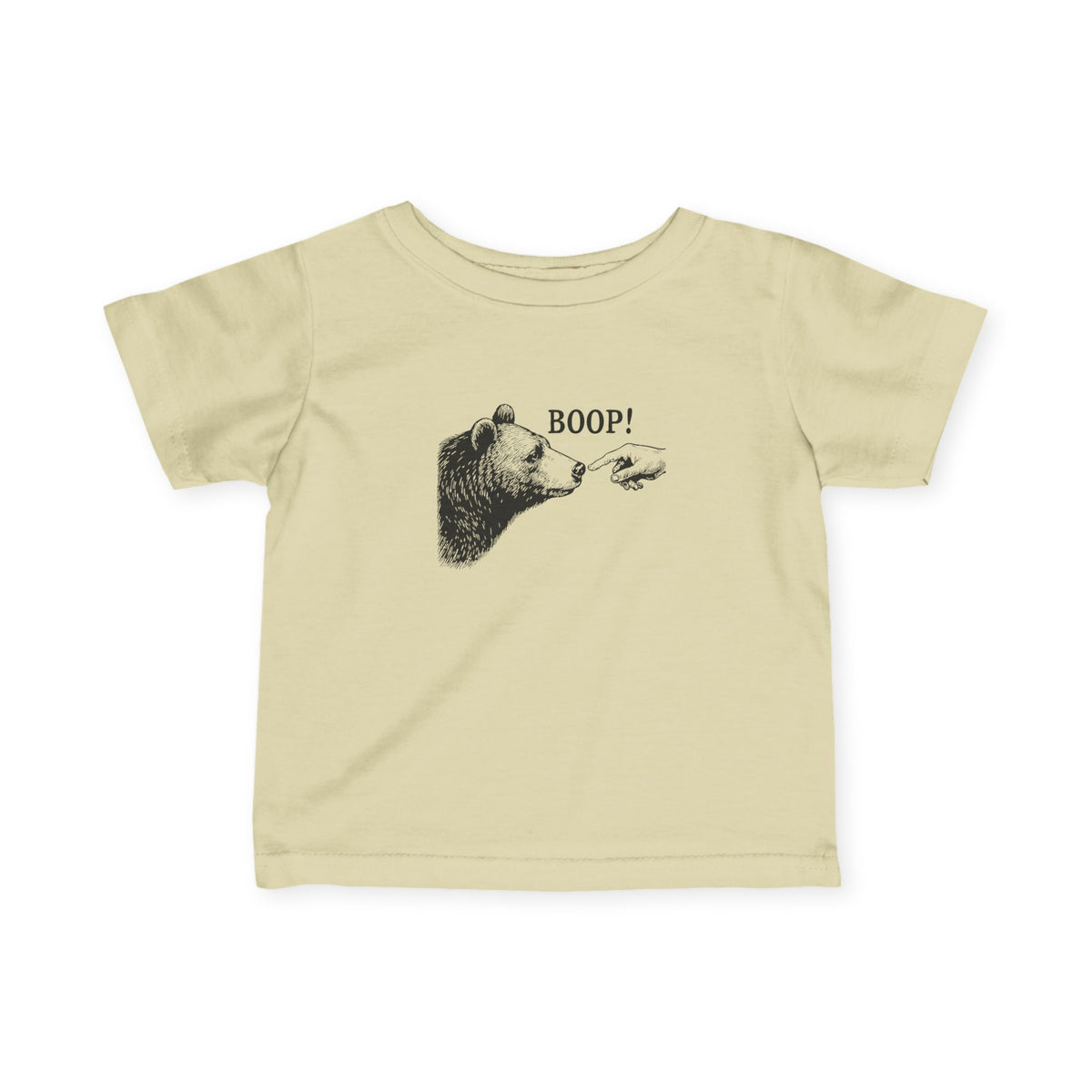 Natural Bear Boop baby t-shirt with vintage engraved bear and pointing finger