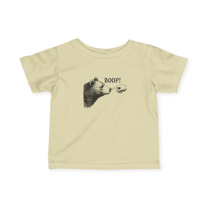 Natural Bear Boop baby t-shirt with vintage engraved bear and pointing finger