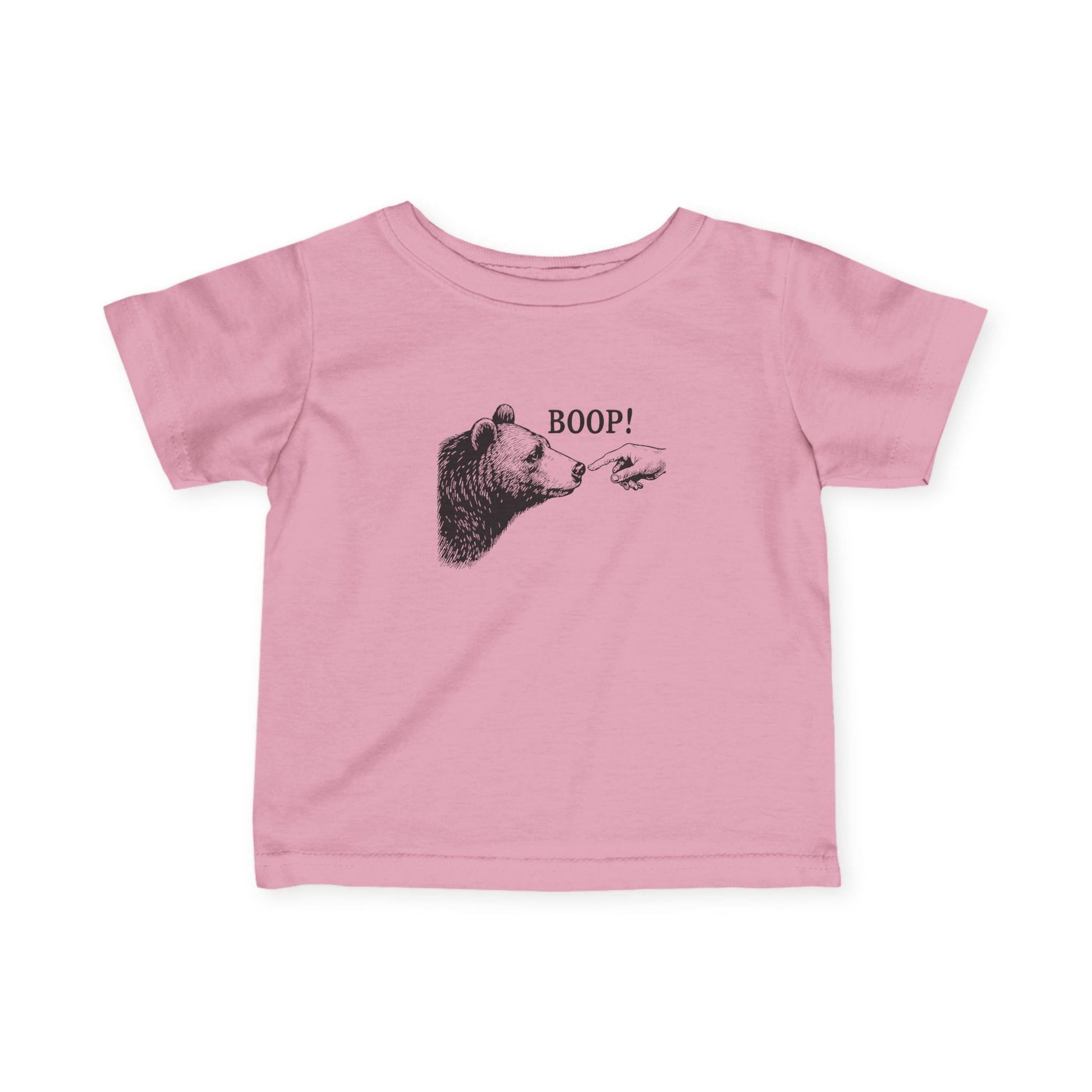 Pink Bear Boop baby t-shirt with vintage engraved bear and pointing finger