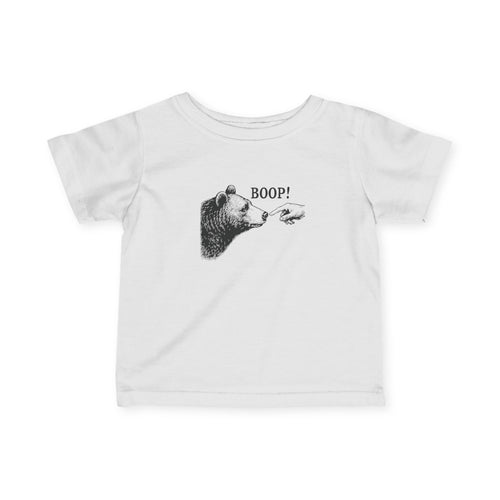 White Bear Boop baby t-shirt with vintage engraved bear and pointing finger