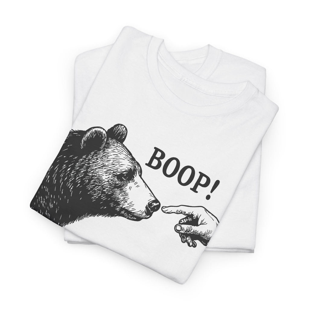 Folded white Bear Boop funny bear t-shirt showing the print