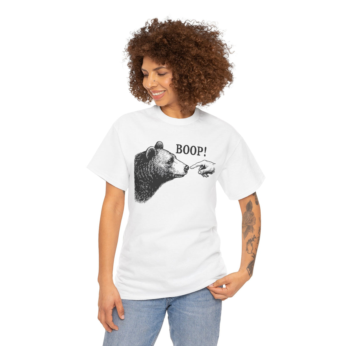 Woman wearing the white Bear Boop funny bear t-shirt