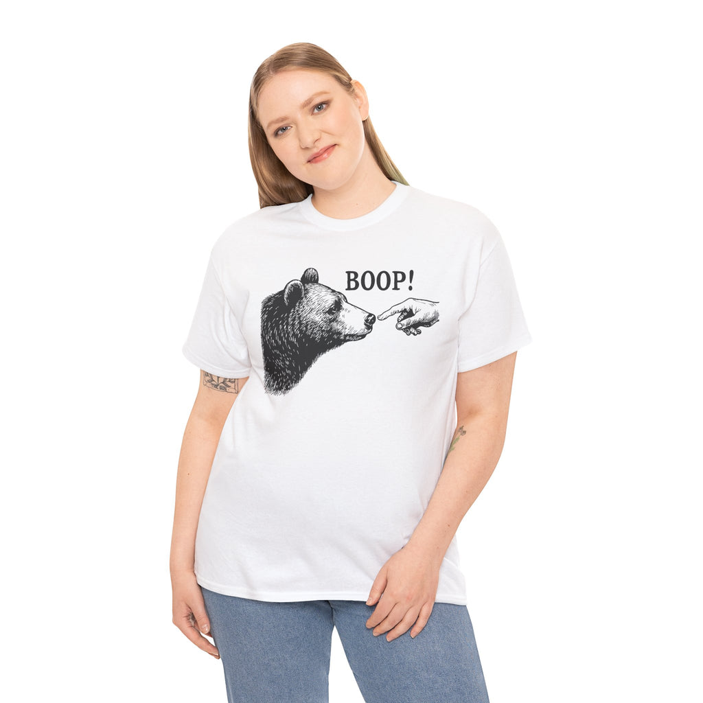 Woman wearing the Bear Boop funny bear t-shirt, front view