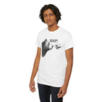 Man wearing the white Bear Boop funny bear t-shirt, studio view