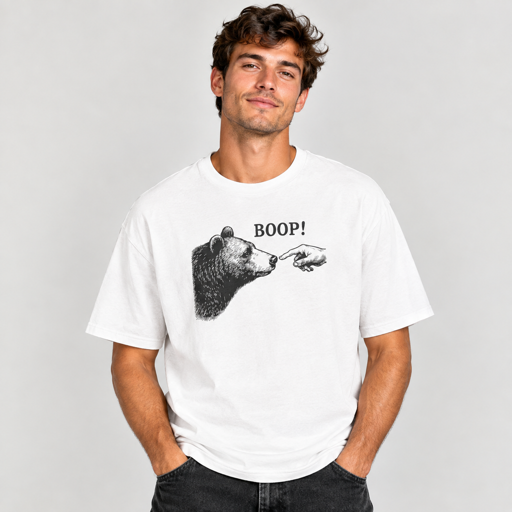 Man wearing the white Bear Boop funny bear t-shirt with black jeans