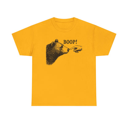Gold Bear Boop graphic tee with vintage engraved bear and pointing finger