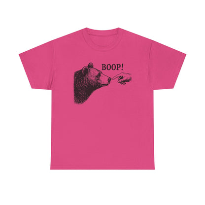 Heliconia pink Bear Boop graphic tee with vintage engraved bear and pointing finger
