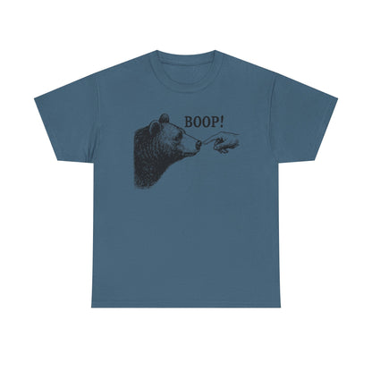 Indigo blue Bear Boop graphic tee with vintage engraved bear and pointing finger