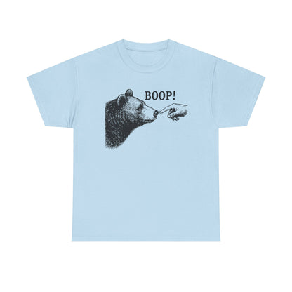 Light blue Bear Boop graphic tee with vintage engraved bear and pointing finger