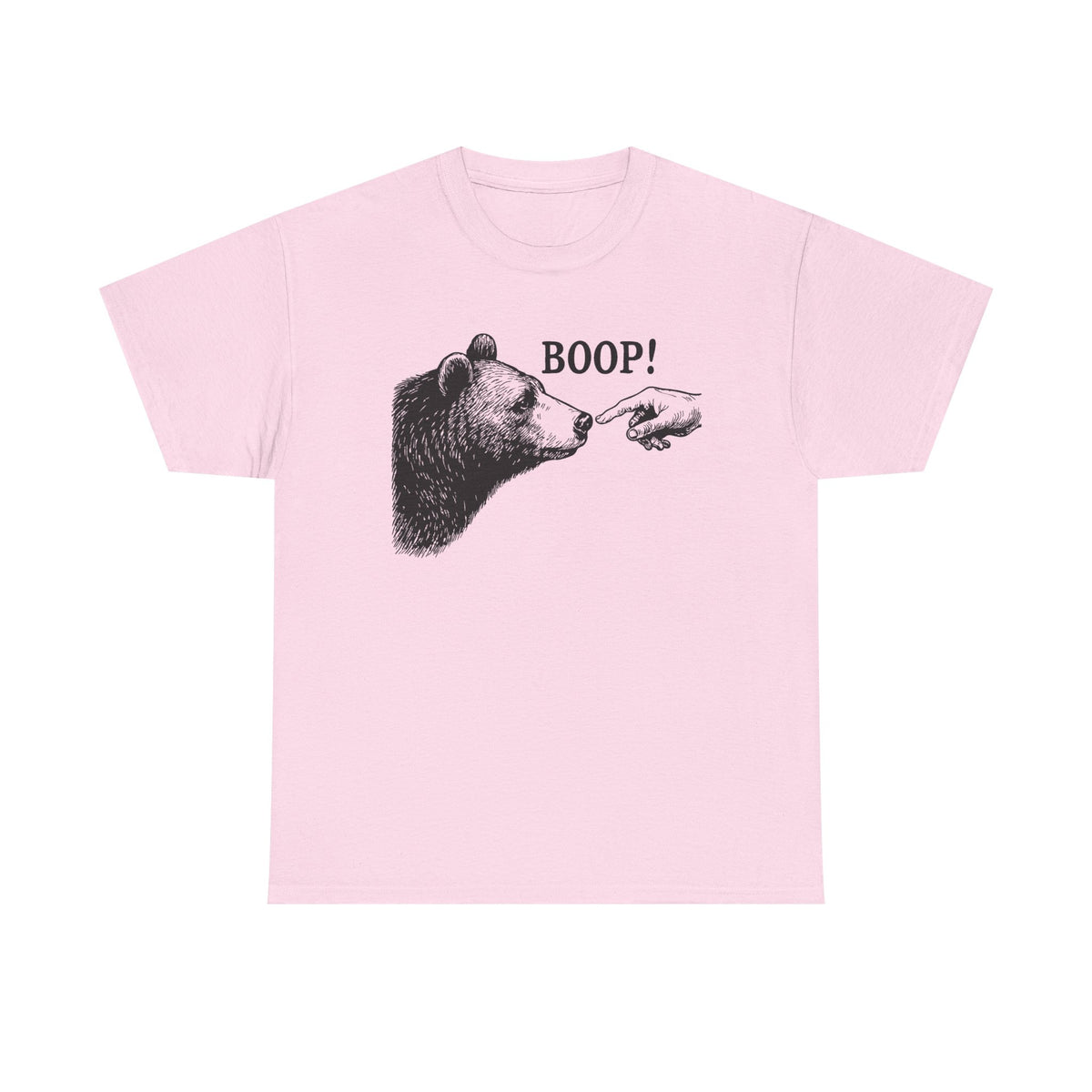 Light pink Bear Boop graphic tee with vintage engraved bear and pointing finger