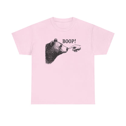 Light pink Bear Boop graphic tee with vintage engraved bear and pointing finger