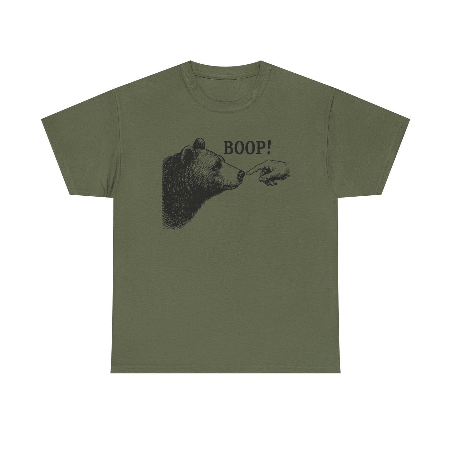 Military green Bear Boop graphic tee with vintage engraved bear and pointing finger