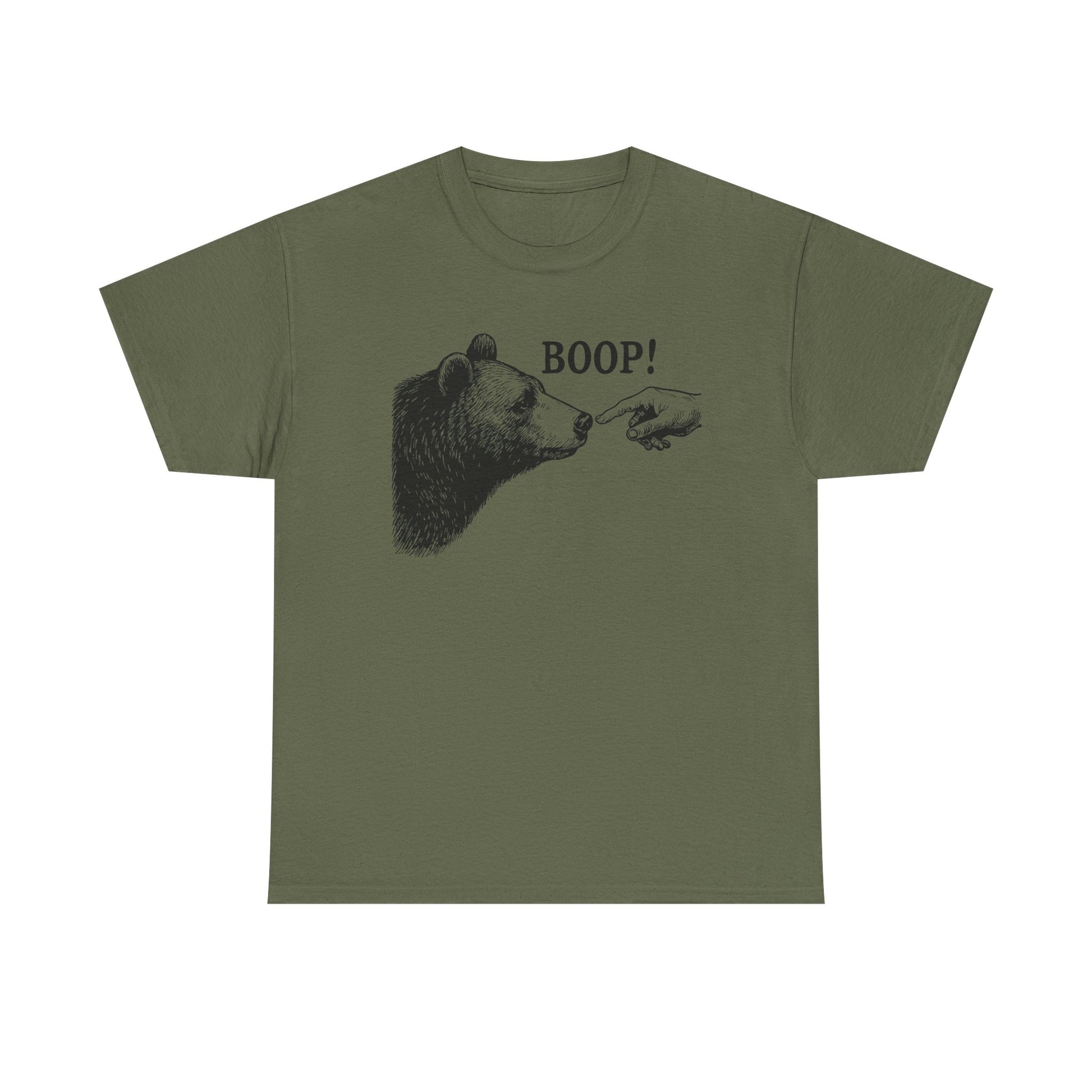Military green Bear Boop graphic tee with vintage engraved bear and pointing finger