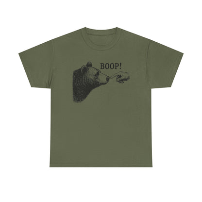 Military green Bear Boop graphic tee with vintage engraved bear and pointing finger