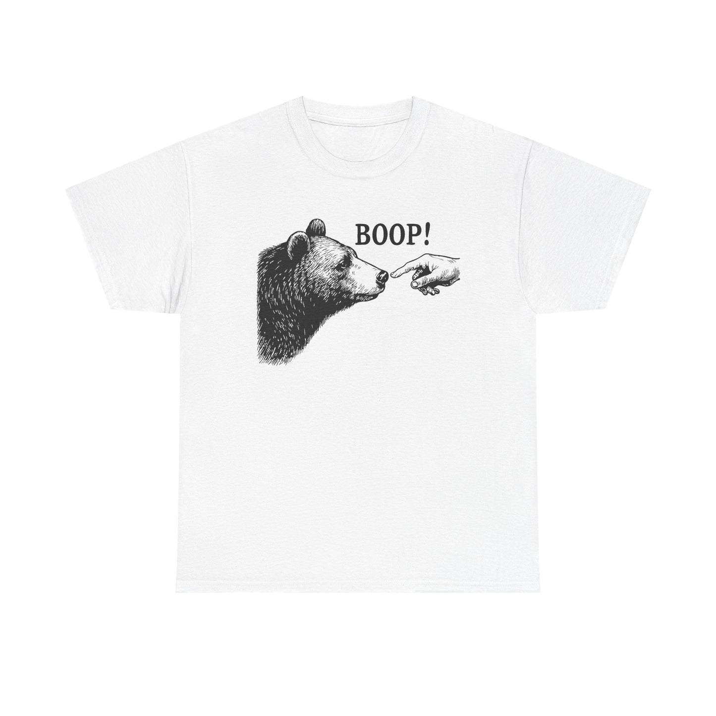 White Bear Boop graphic tee with vintage engraved bear and pointing finger