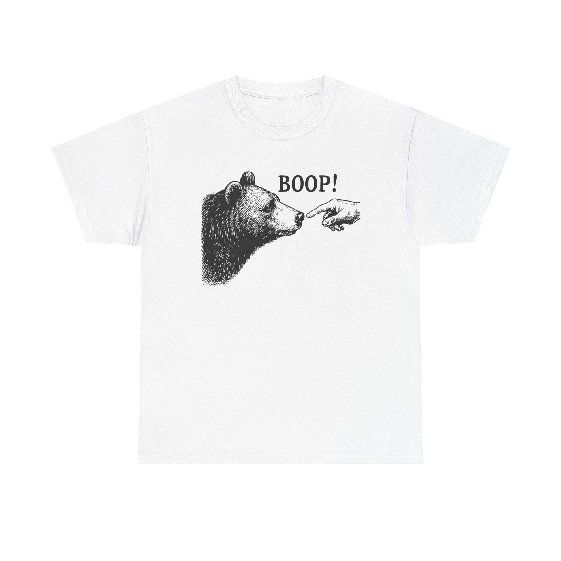 White Bear Boop graphic tee with vintage engraved bear and pointing finger