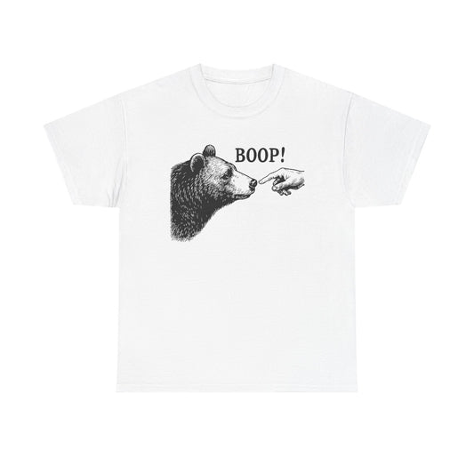 White Bear Boop graphic tee with vintage engraved bear and pointing finger