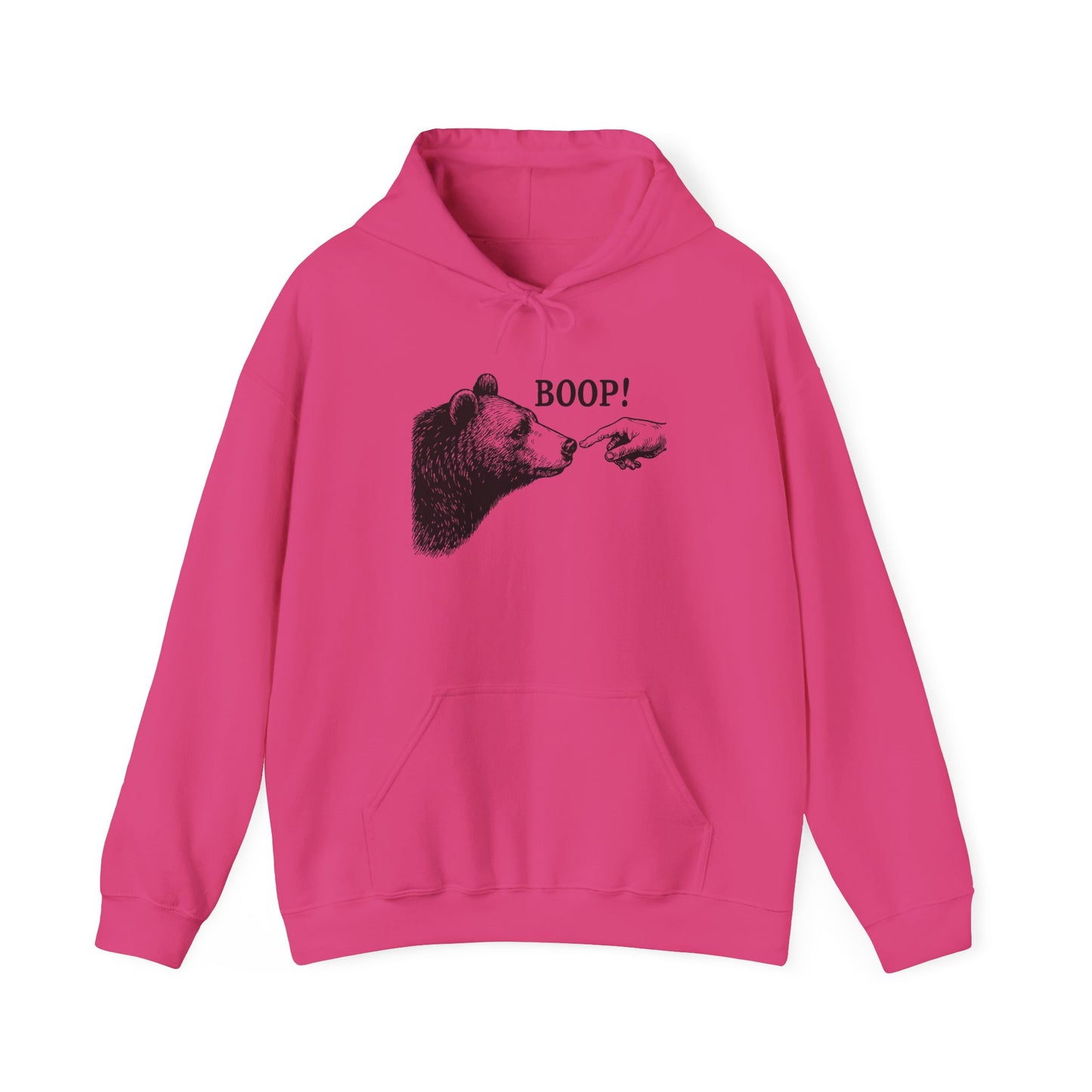Heliconia pink Bear Boop hoodie with vintage engraved bear and pointing finger