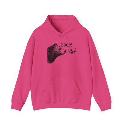 Heliconia pink Bear Boop hoodie with vintage engraved bear and pointing finger