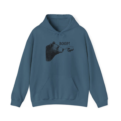Indigo blue Bear Boop hoodie with vintage engraved bear and pointing finger