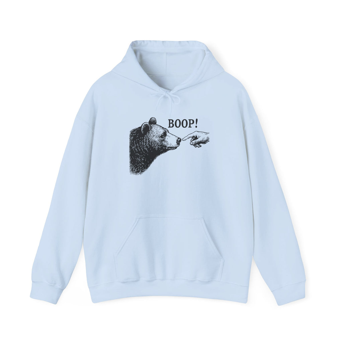 Light blue Bear Boop hoodie with vintage engraved bear and pointing finger