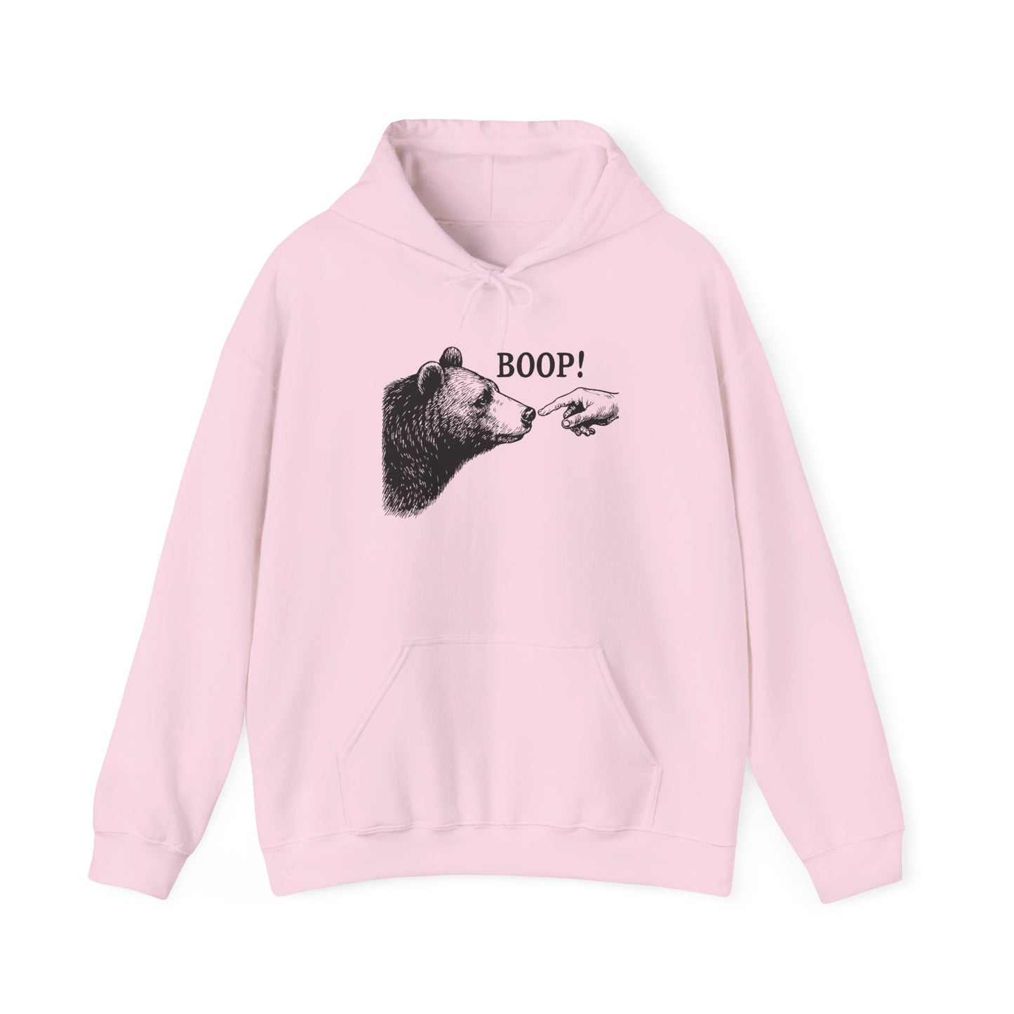 Light pink Bear Boop hoodie with vintage engraved bear and pointing finger