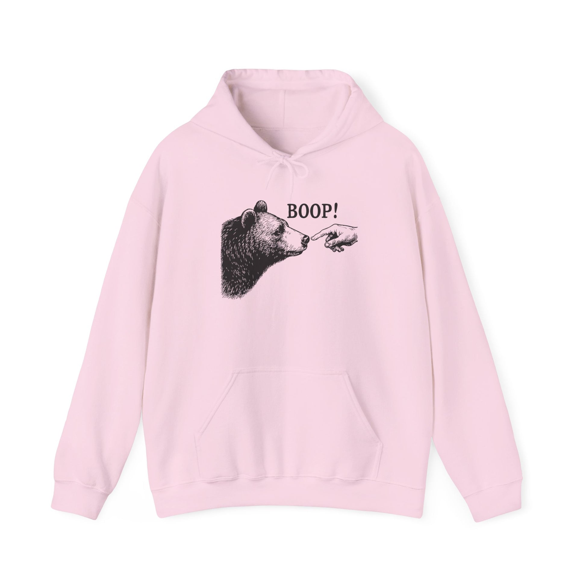 Light pink Bear Boop hoodie with vintage engraved bear and pointing finger