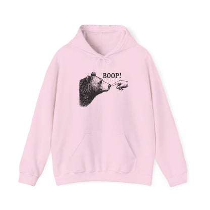 Light pink Bear Boop hoodie with vintage engraved bear and pointing finger