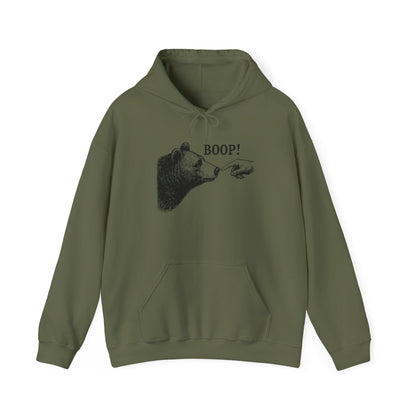 Military green Bear Boop hoodie with vintage engraved bear and pointing finger