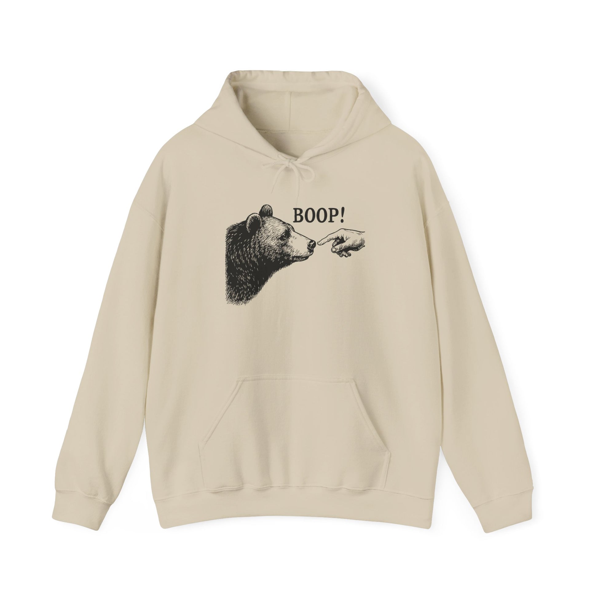 Sand Bear Boop hoodie with vintage engraved bear and pointing finger