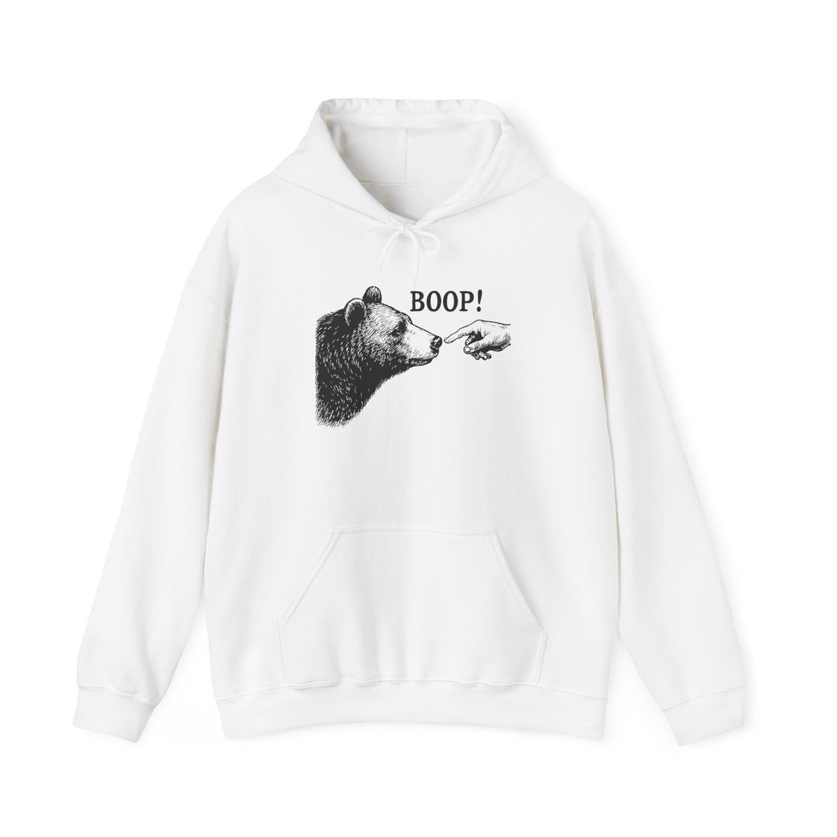 White Bear Boop hoodie with vintage engraved bear and pointing finger