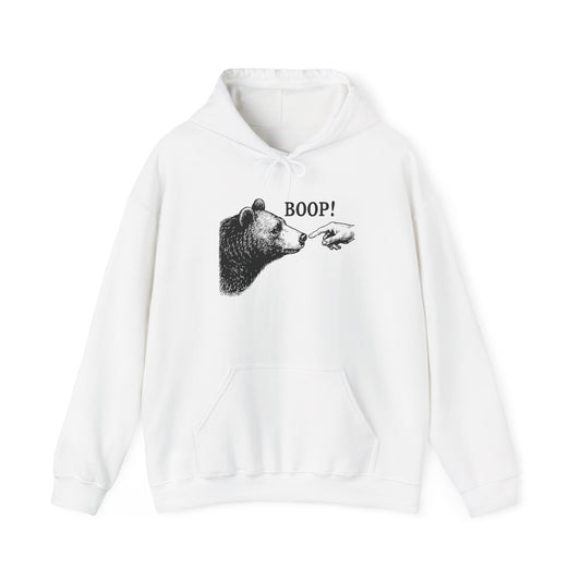White Bear Boop hoodie with vintage engraved bear and pointing finger