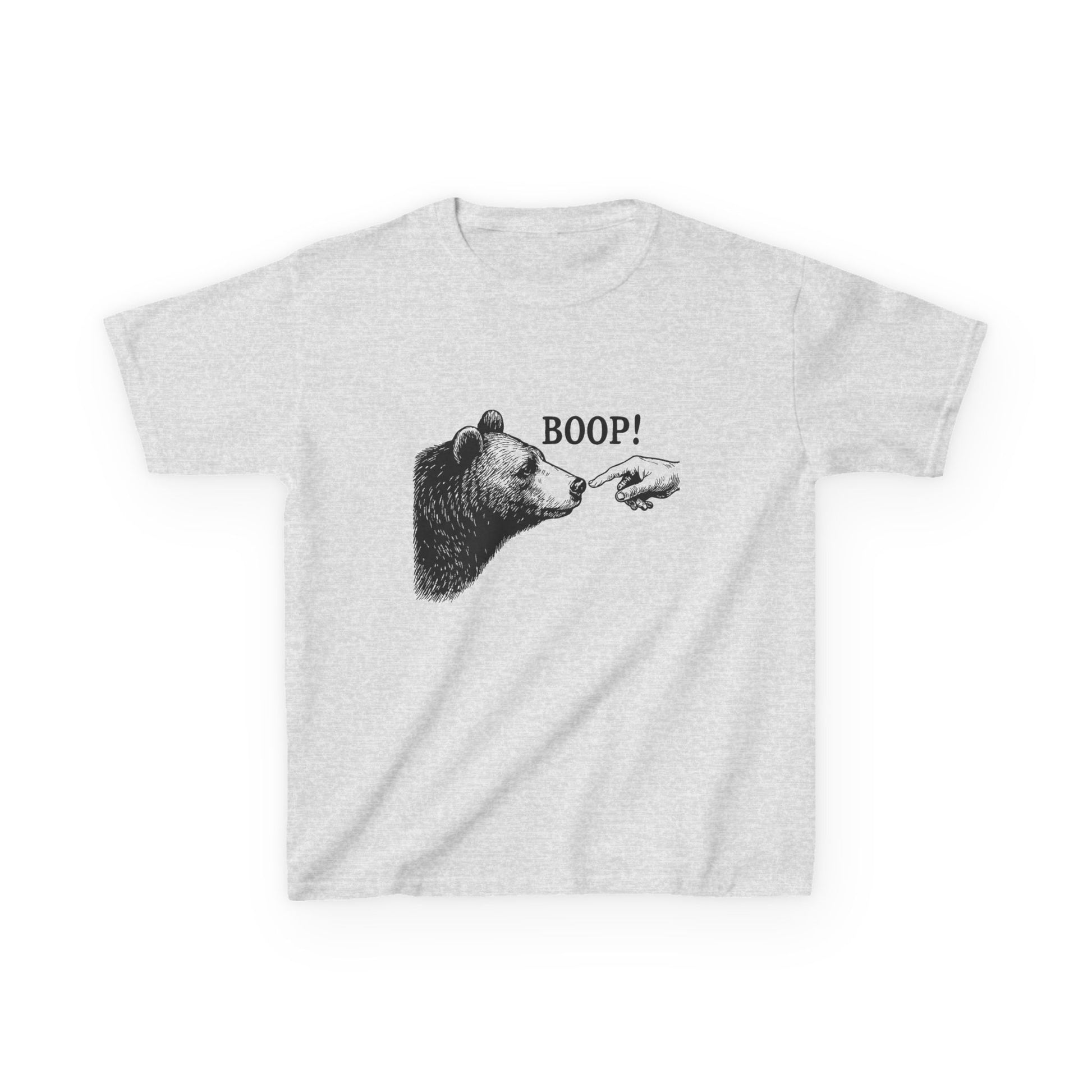 Ash grey Bear Boop kids t-shirt with vintage engraved bear and pointing finger