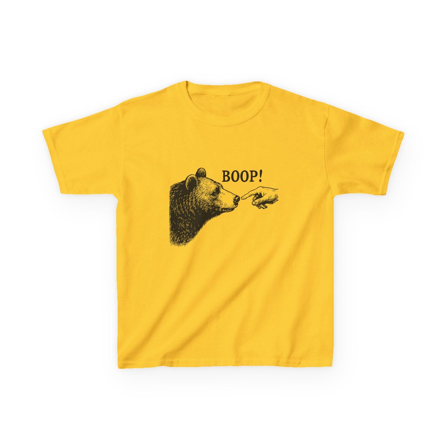 Daisy yellow Bear Boop kids t-shirt with vintage engraved bear and pointing finger
