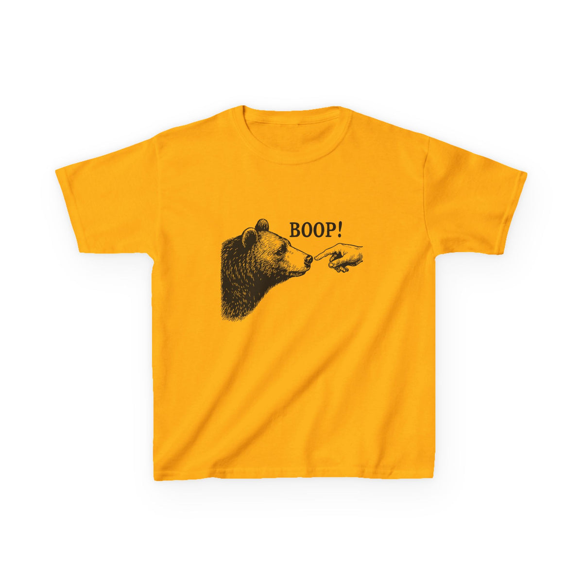Gold Bear Boop kids t-shirt with vintage engraved bear and pointing finger