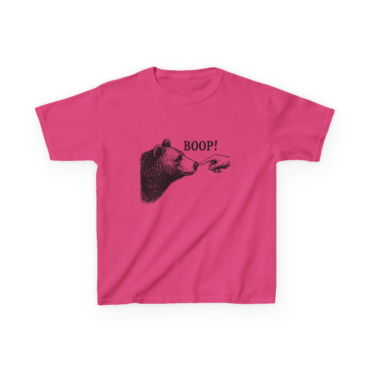 Heliconia pink Bear Boop kids t-shirt with vintage engraved bear and pointing finger