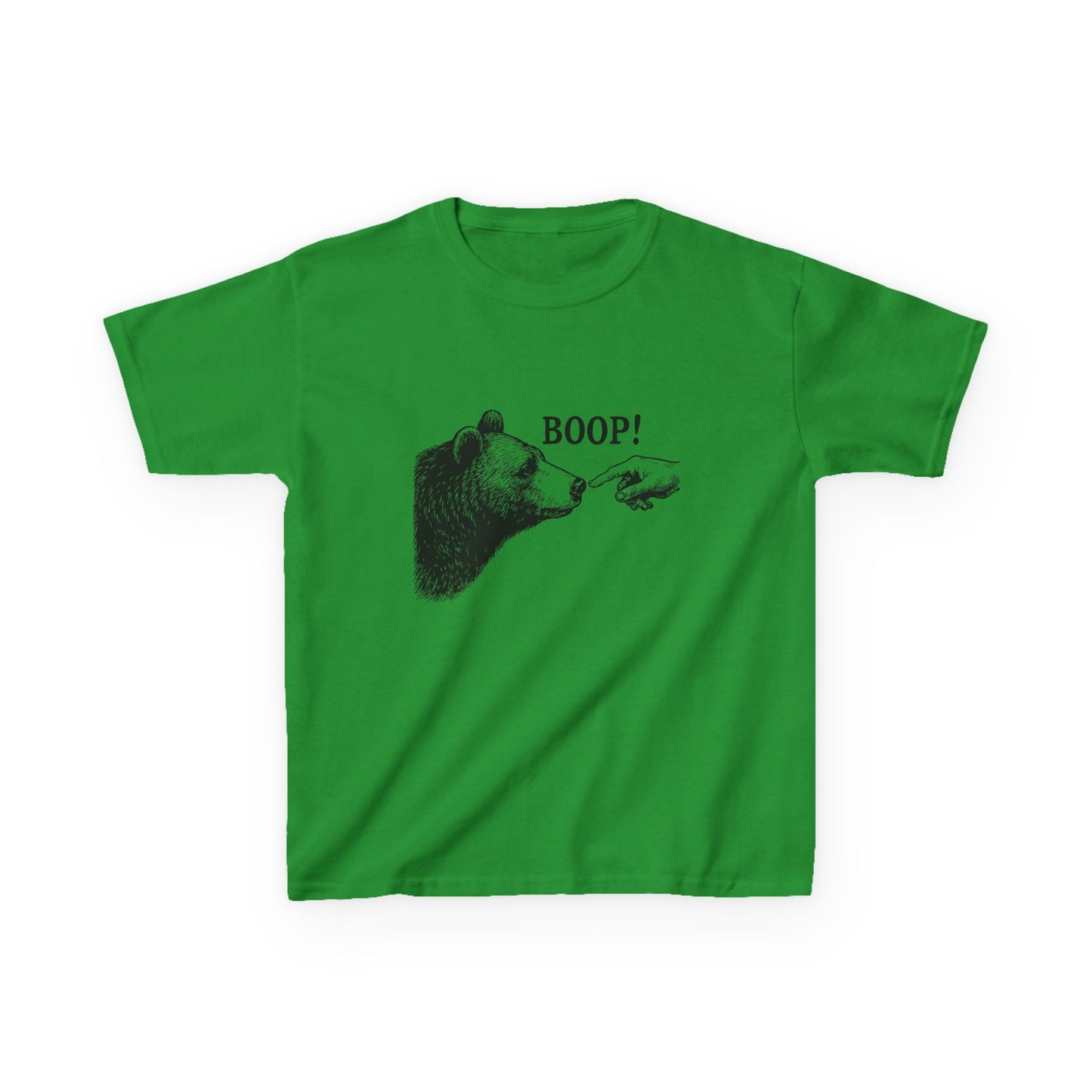 Irish green Bear Boop kids t-shirt with vintage engraved bear and pointing finger