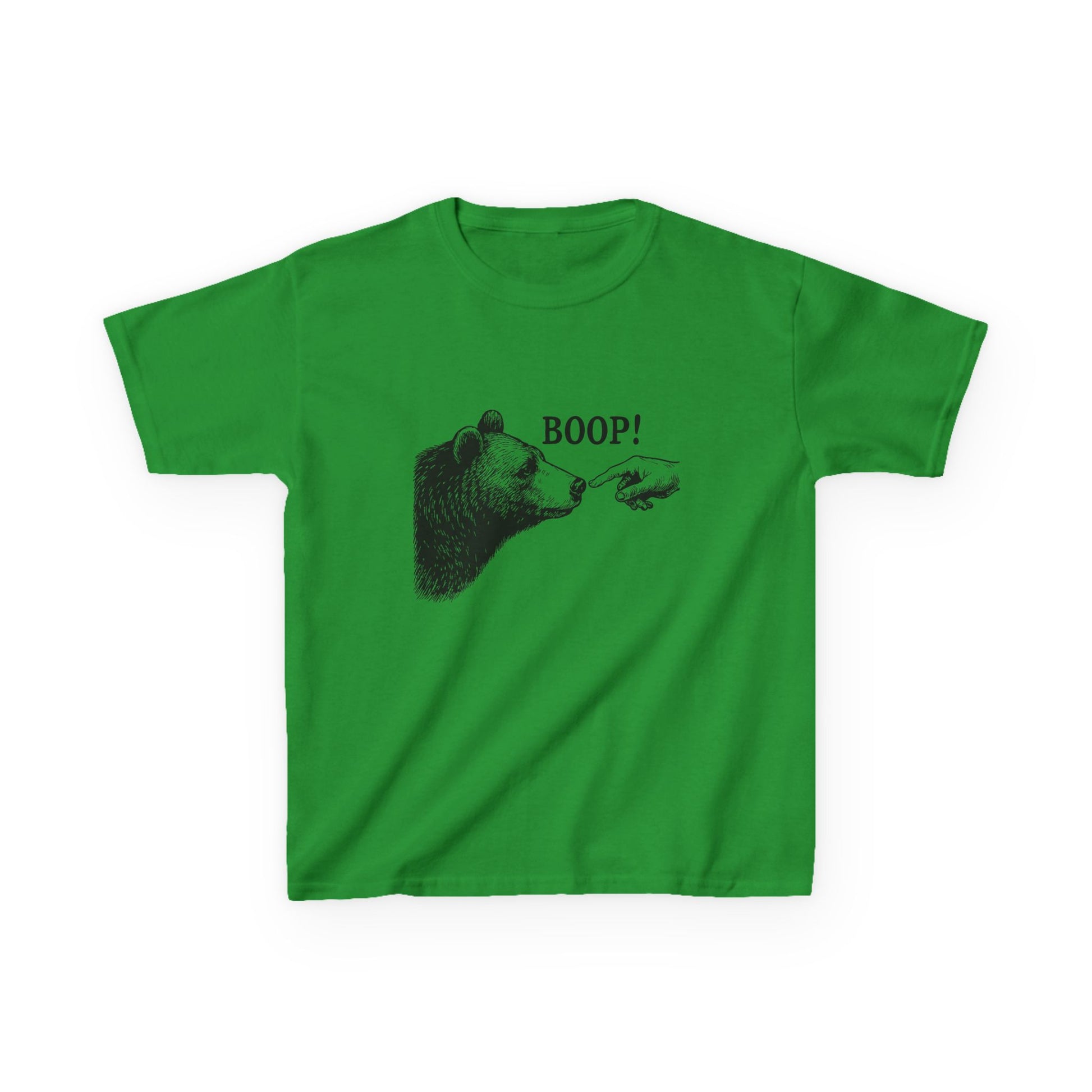 Irish green Bear Boop kids t-shirt with vintage engraved bear and pointing finger