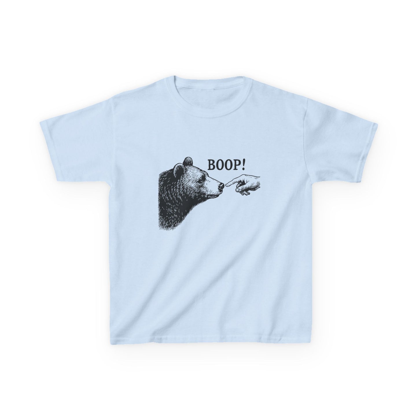 Light blue Bear Boop kids t-shirt with vintage engraved bear and pointing finger