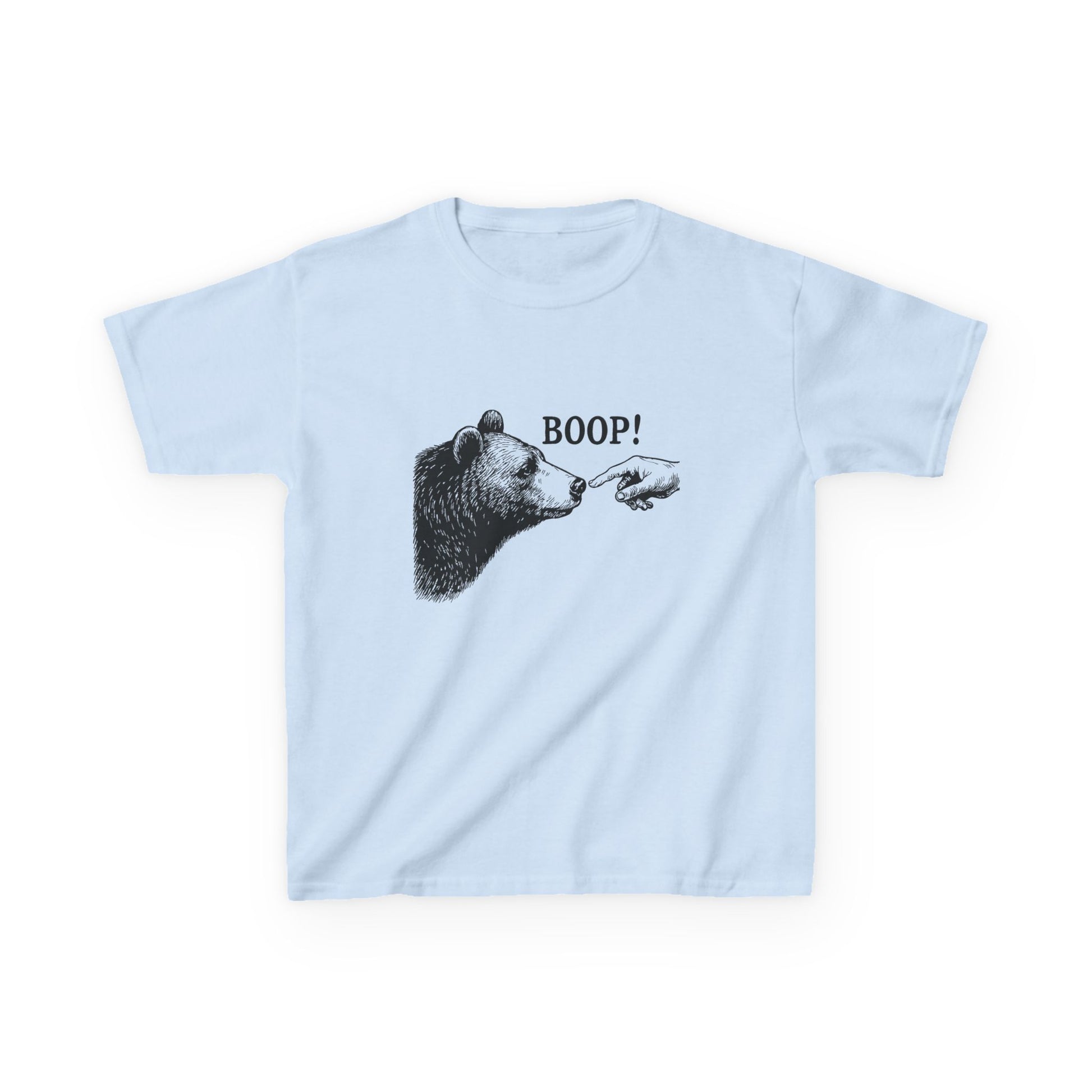 Light blue Bear Boop kids t-shirt with vintage engraved bear and pointing finger