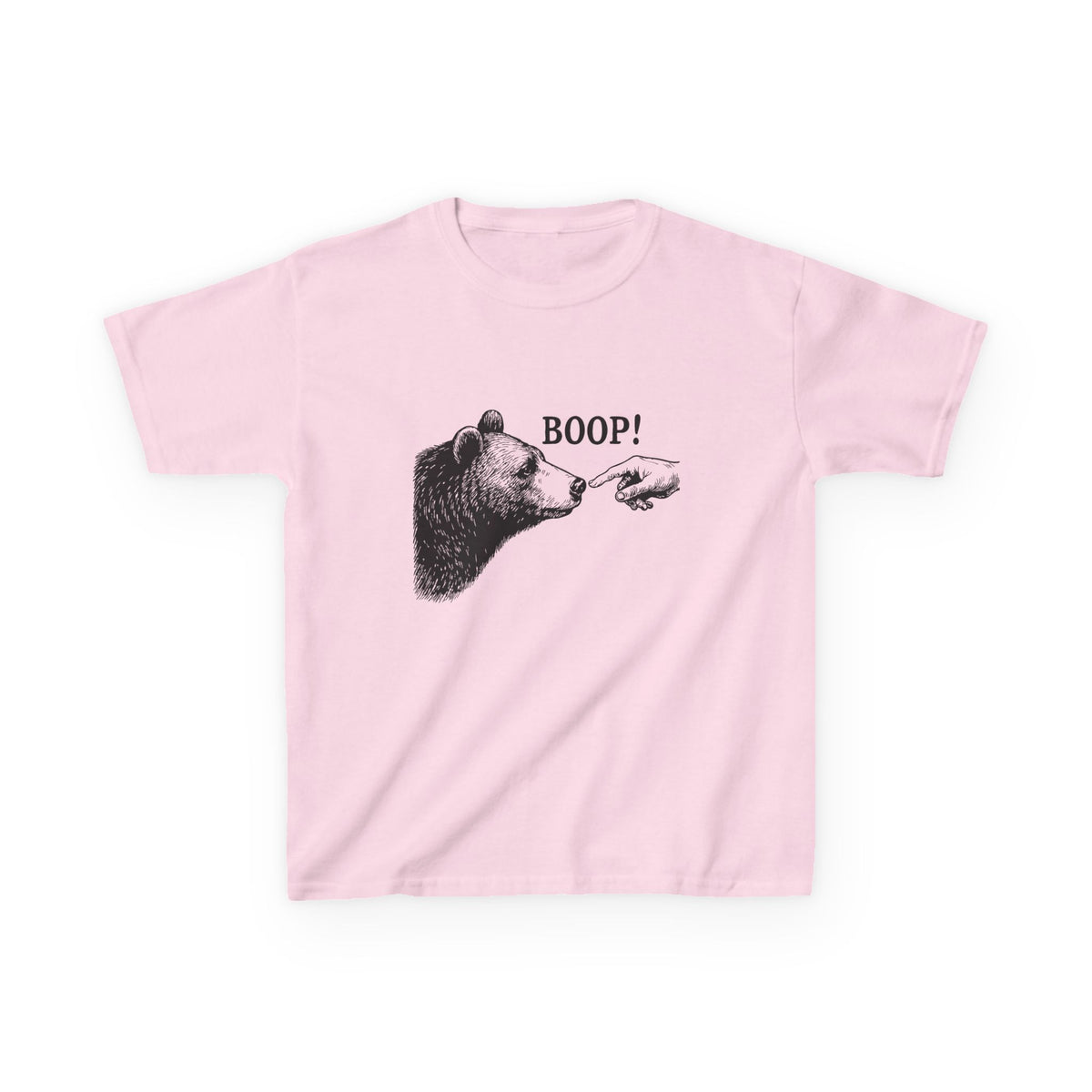 Light pink Bear Boop kids t-shirt with vintage engraved bear and pointing finger