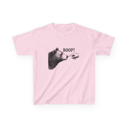 Light pink Bear Boop kids t-shirt with vintage engraved bear and pointing finger