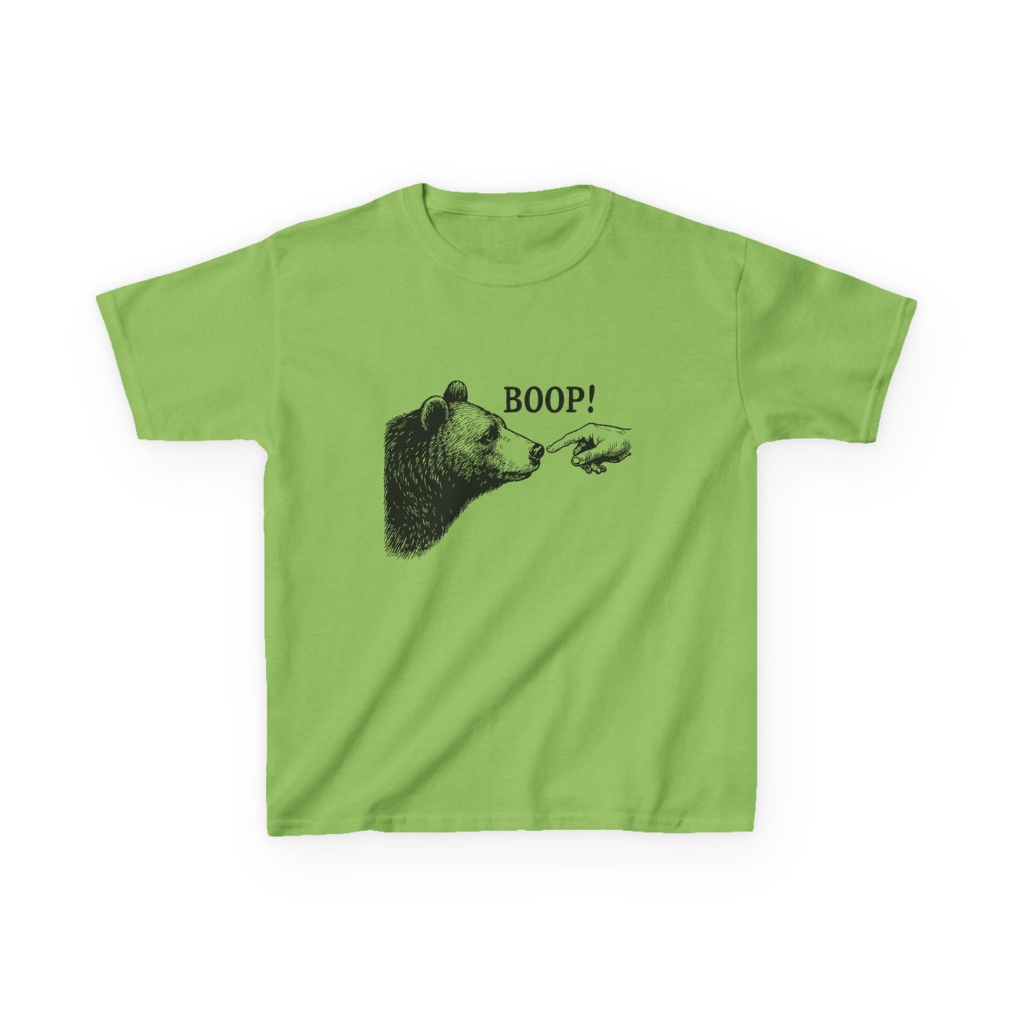 Lime green Bear Boop kids t-shirt with vintage engraved bear and pointing finger