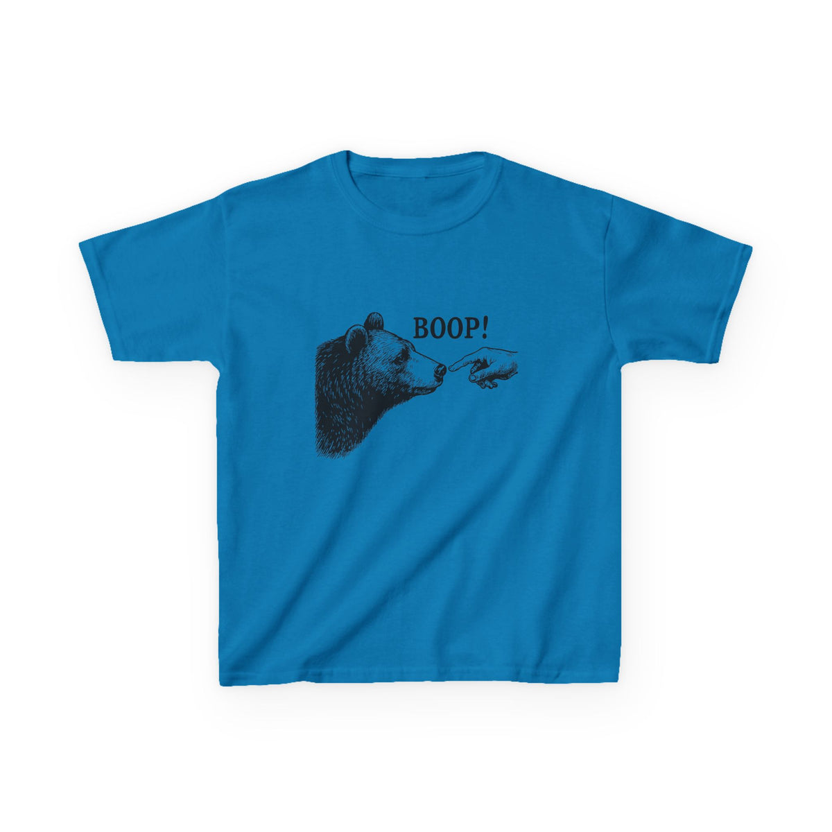 Sapphire blue Bear Boop kids t-shirt with vintage engraved bear and pointing finger